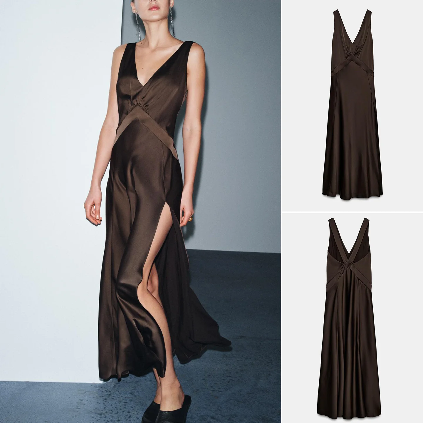 겨울 신상 여성용 롱 실크 새틴 느낌 A라인 드레스 슬릿 시티 출퇴근 요정 스커트 스타일 민소매 폴리에스터 00%