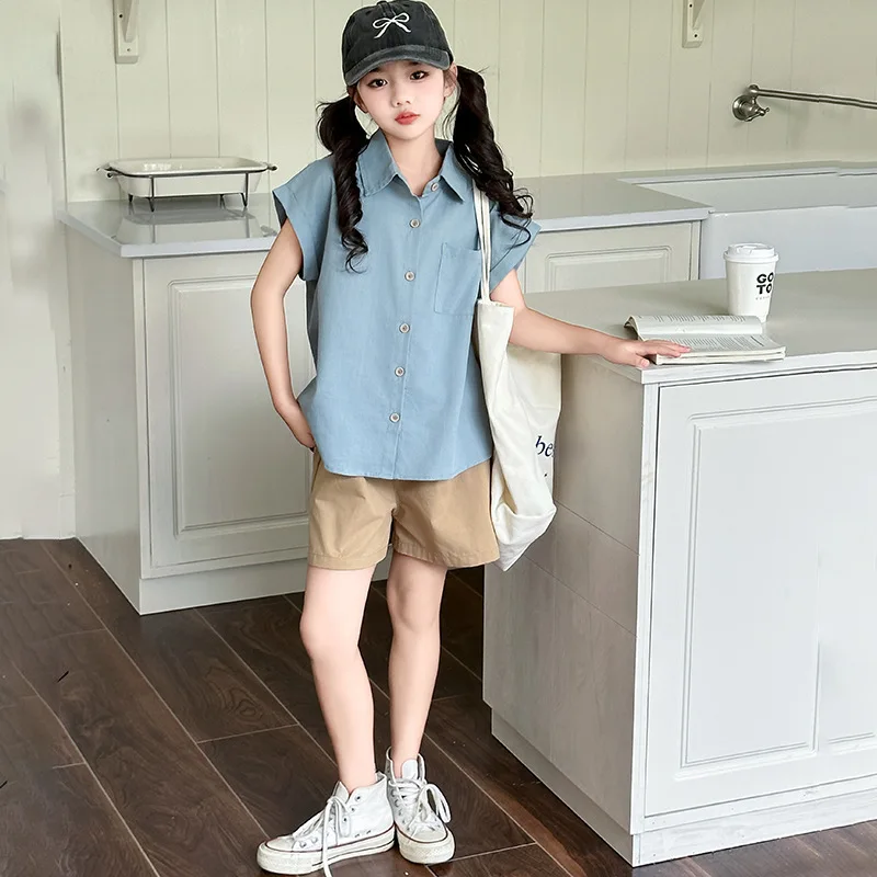 

Girls Two-piece Set 2024 Summer New Childrens Clothes Baby Girls Fashionable Shirt Shorts Preppy Suit Casual Simple Daily