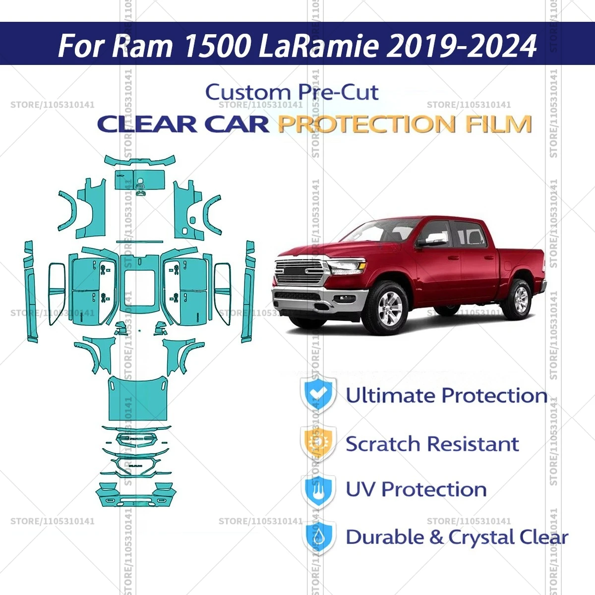 

Защитная пленка PPF для Ram-1500-LaRamie-2019-2024, предварительно вырезанная, прозрачная, профессиональная автомобильная пленка PPF