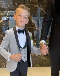 Shiny Silver Grey Boys Suit Wedding Tuxedo 3 Piece Set Jacket Pants Vest Formal Kids Blazer Party Tuxedo Clothes