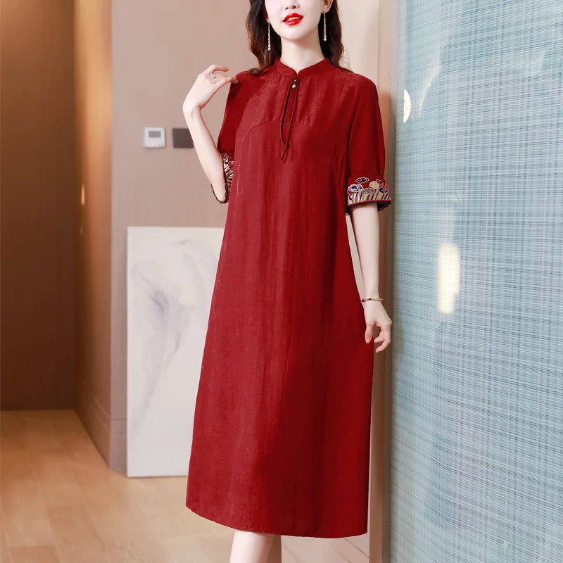 

2024 Women Red Natural Silk Casual Midi prom Dress Summer Vintage Loose Solid Sundress Bodycon Elegant Party Evening Vestidos