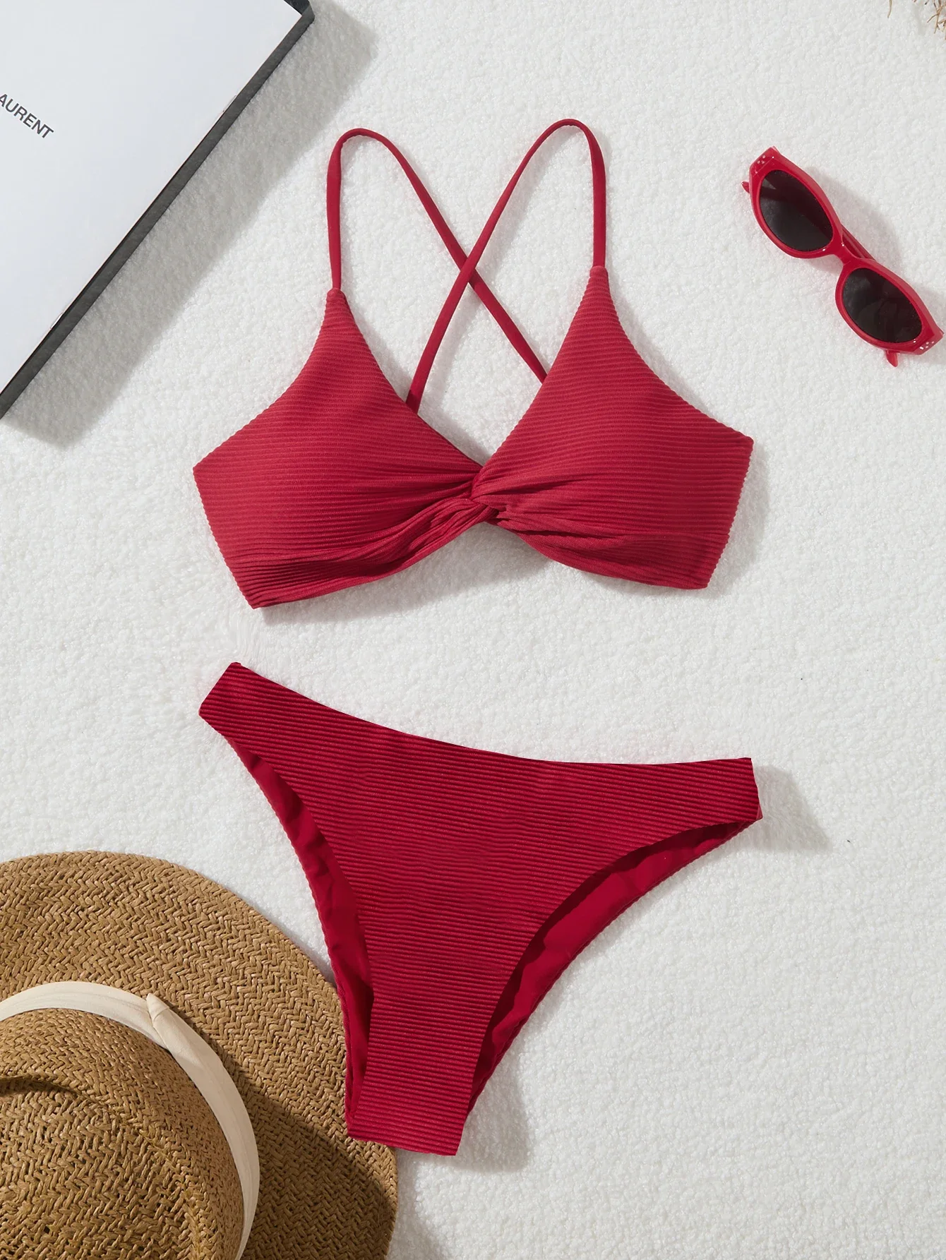 

2025 Women Bikini Sets Criss Cross Back Bathing Suit Knot Front Two Piece Swimwear Thong Cheeky Swimsuit Set New Bikinis