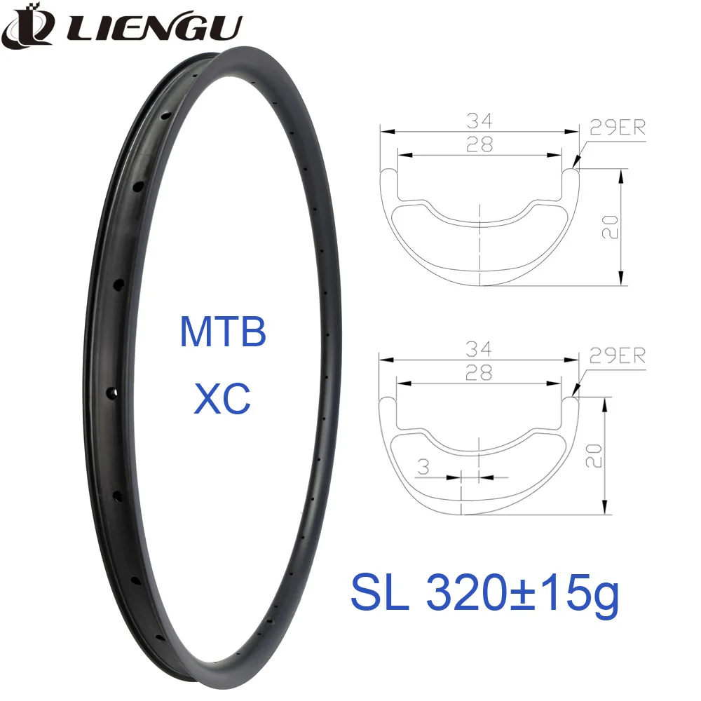 

29-дюймовый карбоновый обод для велосипеда, асимметричный/симметричный, для MTB XC, 34 мм, SL, 320 г, бескамерный, для горного велосипеда, кросс-кантри, 29er, внутренний профиль 28 мм