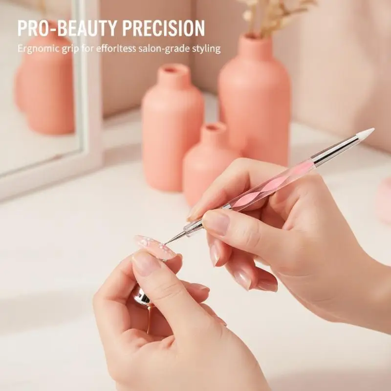 5Pcs Marbleizing Painting Pens 2 Way Nail Art Acrylic Silicone Point Flower Nail Pen Stainless Steel Dotting Tools