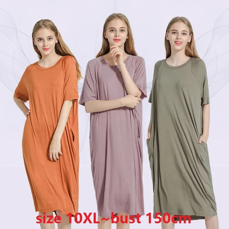 Summer Modal nightgowns women soft Oversize 10XL big size 140kg simple Nightdress Casual Homedress elasticity homewear pink red