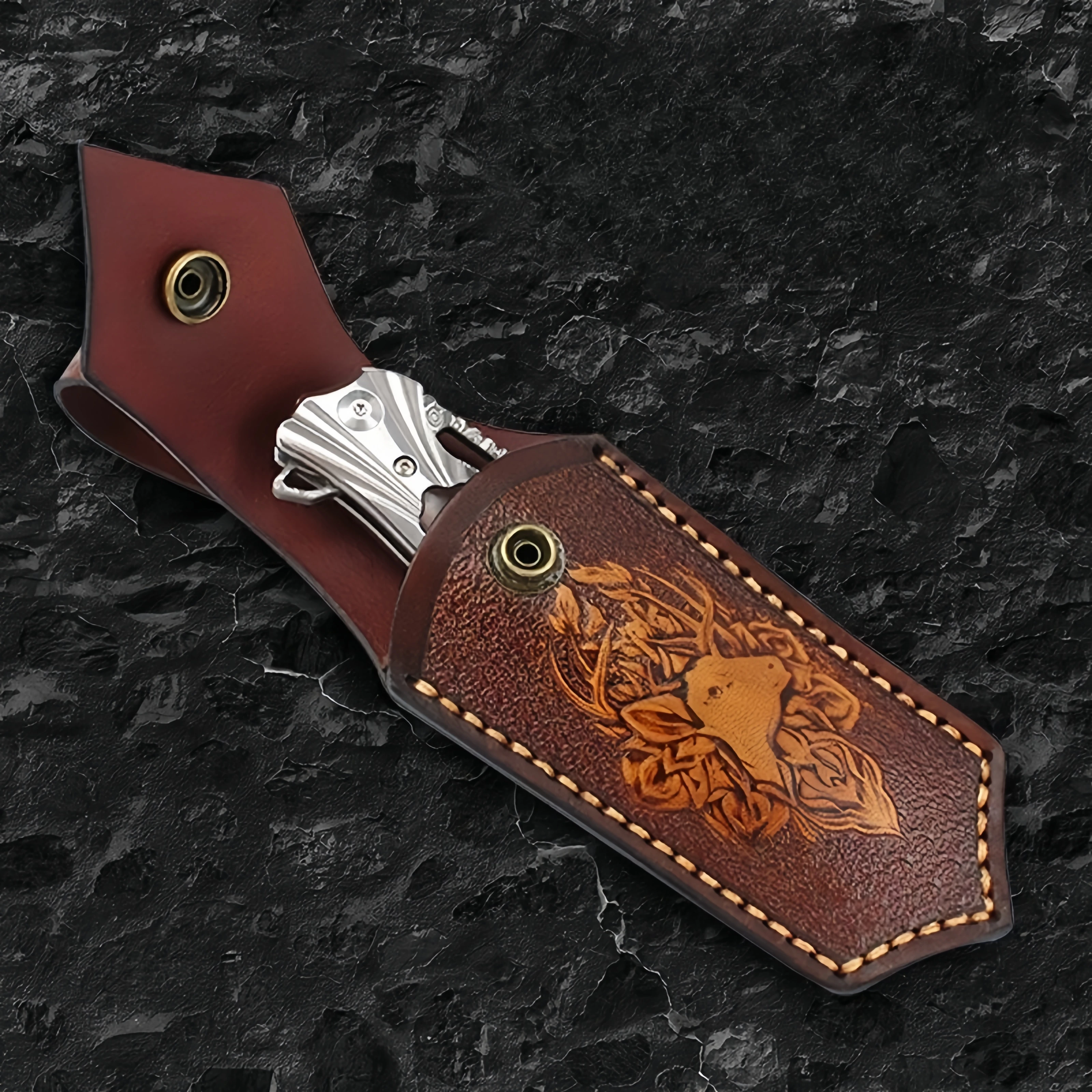 Folding knife cover outdoor small knife hanging waist carved printing leather cover sheath knife bag cowhide folding knife cover