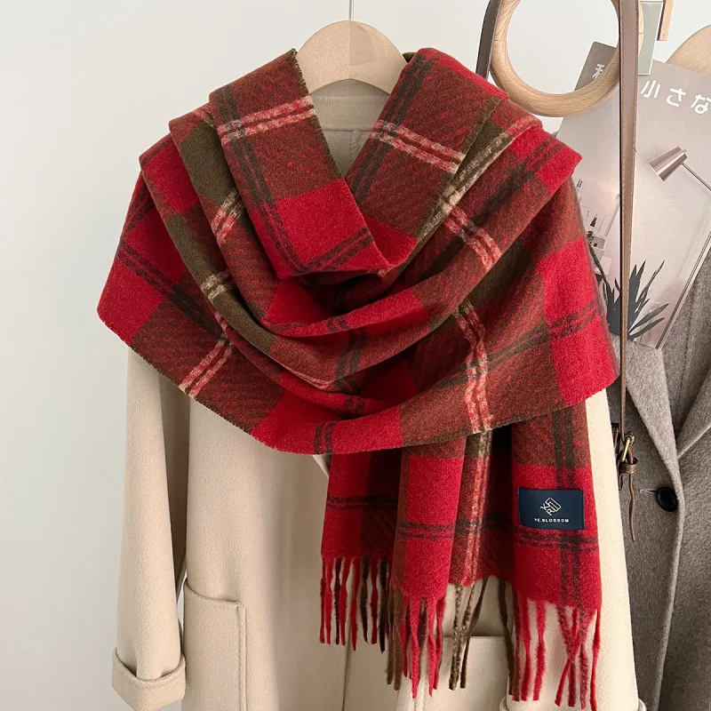 

New Year Red Plaid Tassel Scarf Women Winter Warm2025New Style Atmosphere Versatile Student Neck Warmer