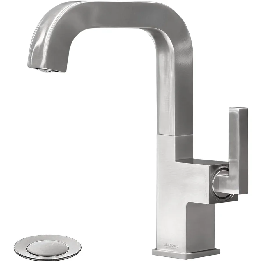 Torneira de banheiro de níquel escovado para banheiros modernos: design de um furo com alça única com bico giratório e conjunto de drenagem popup