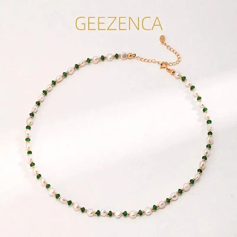 

GEEZENCA 925 Silver Pearl Green Stone Spaced Beads Strand Chokers Necklace For Women Chic Luxury Multi Layer Necklaces 2024 New