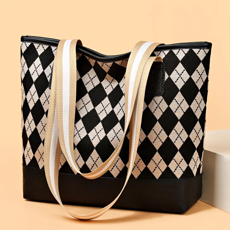 Canvas Bag for Women 2024 New Fashion Versatile Checkered Shoulder Bag Cartoon Rabbit Print Large Capacity Commuting Tote Bag