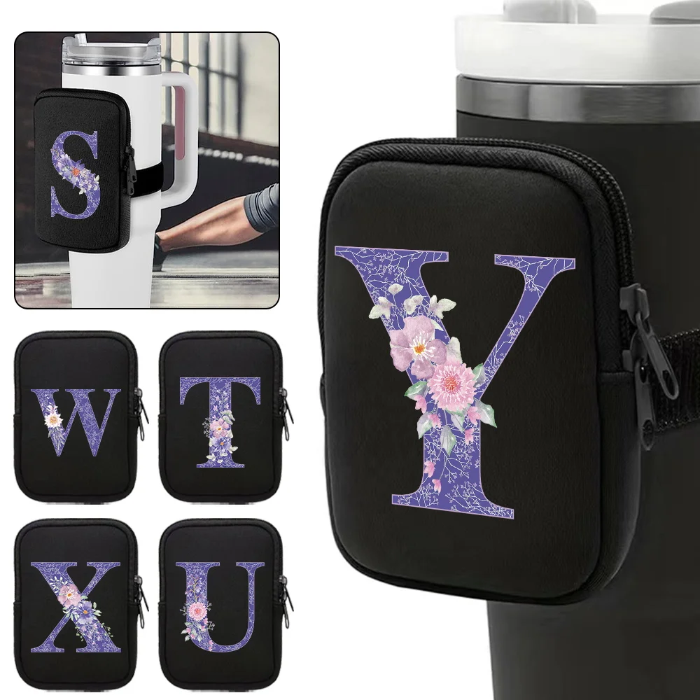 Unisex Water Bottle Cup Bags Sports Fitness Accessories Zipper Water Bottle Bag Purple Flower Series Small Item Storage Bag