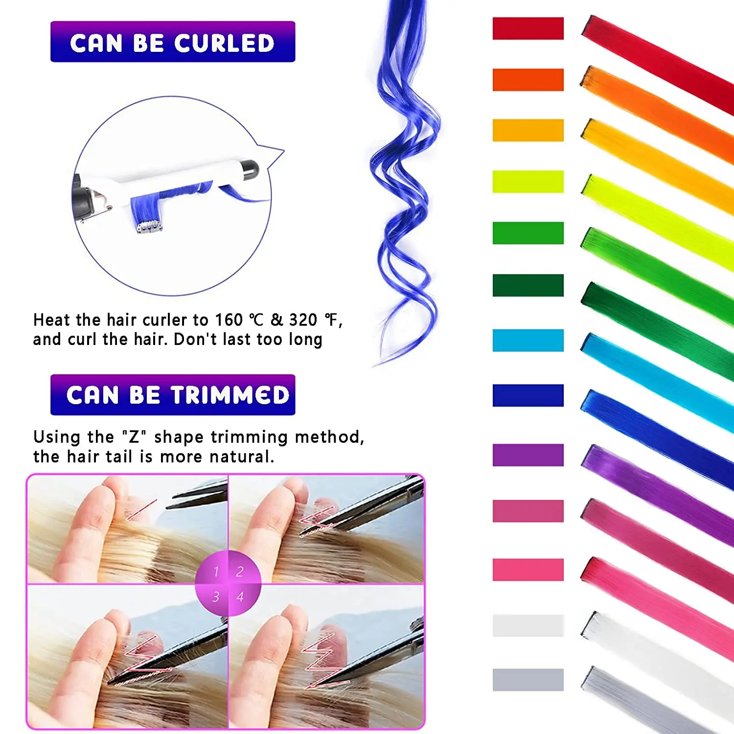 Extensões de cabelo com clipe para meninas, postiços sintéticos, multi cores, cabelos lisos, destaques da festa, estrela negra, 20 \