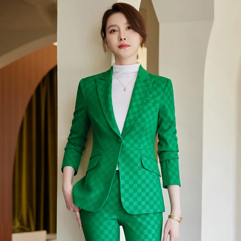 Tesco Formal Women Pantsuit Lapel Blazer Flare Pants Plaid Suit Set for Office Lady Women\'s Sets For Commuter Party blazer mujer