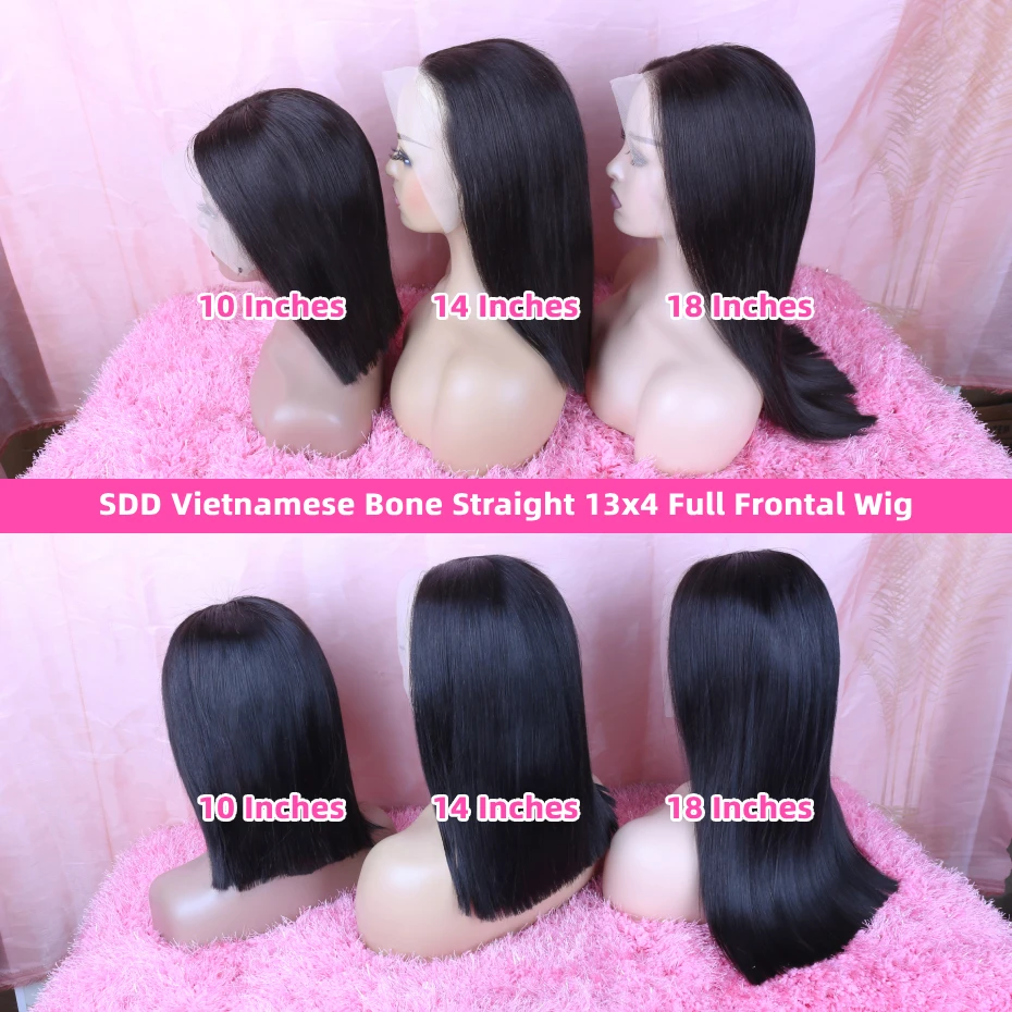 Raw Vietnamese SDD Blunt Cut Bone Straight Short Bob Wig 13x4 Lace Front Human Hair Wigs Transparent Lace Frontal Wig SDD Double Drawn Pre Plucked Silky Straight 1B Natural Colored 100% Human Hair Lac image 6
