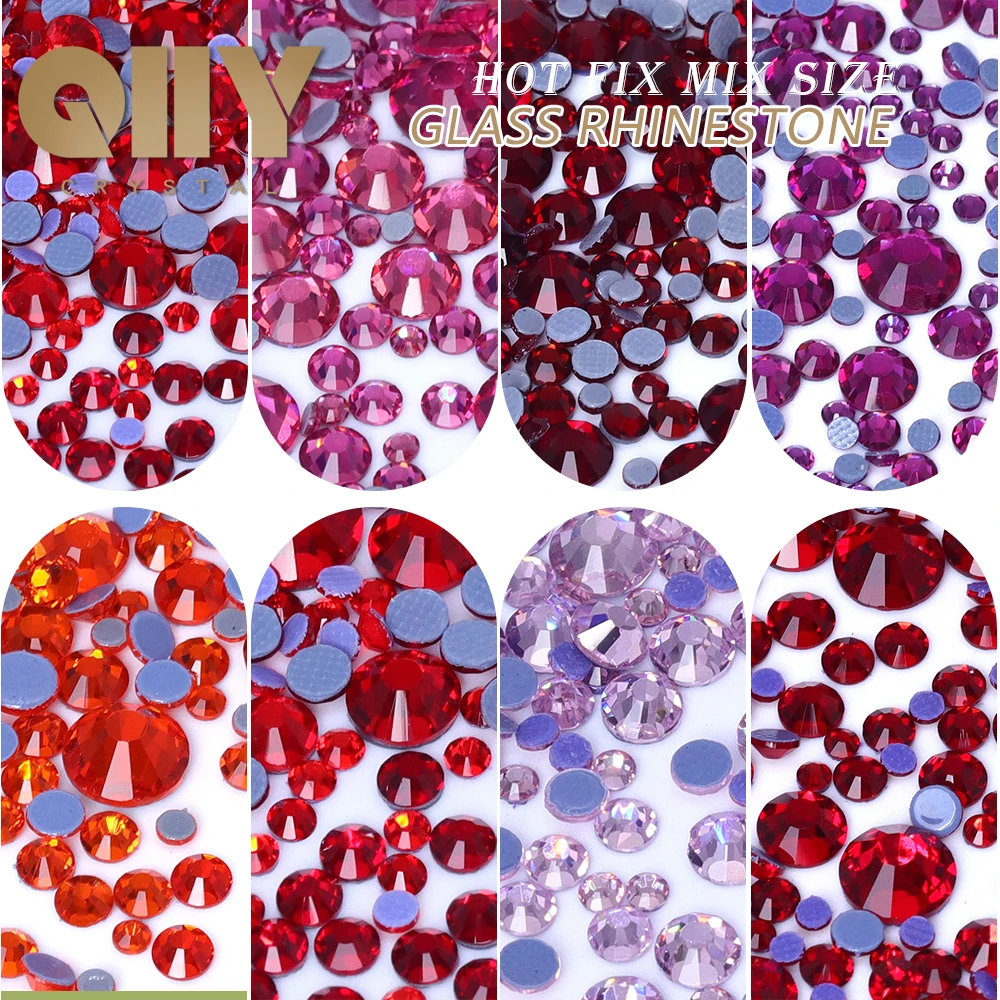 

QIIY Mix Size Red Series Hotfix 1440Pcs SS6-SS30 Flatback Crystal Glass Rhinestones High Quality Stones For DIY Nail Art