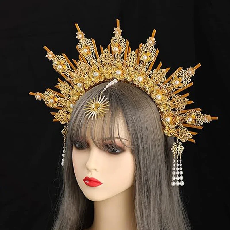 MATERIAL  PACKAGE Sunburst Goddess Gold Spike Mary Halo Crown Headpiece NYLON ZIP TIE Wedding Bride Hair Band Tiar