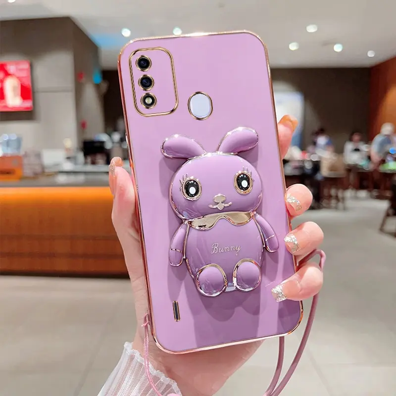 Phone Case For Infinix Itel A48 Luxury Plating Square Rabbit Holder With Landyard Phone Case Cover