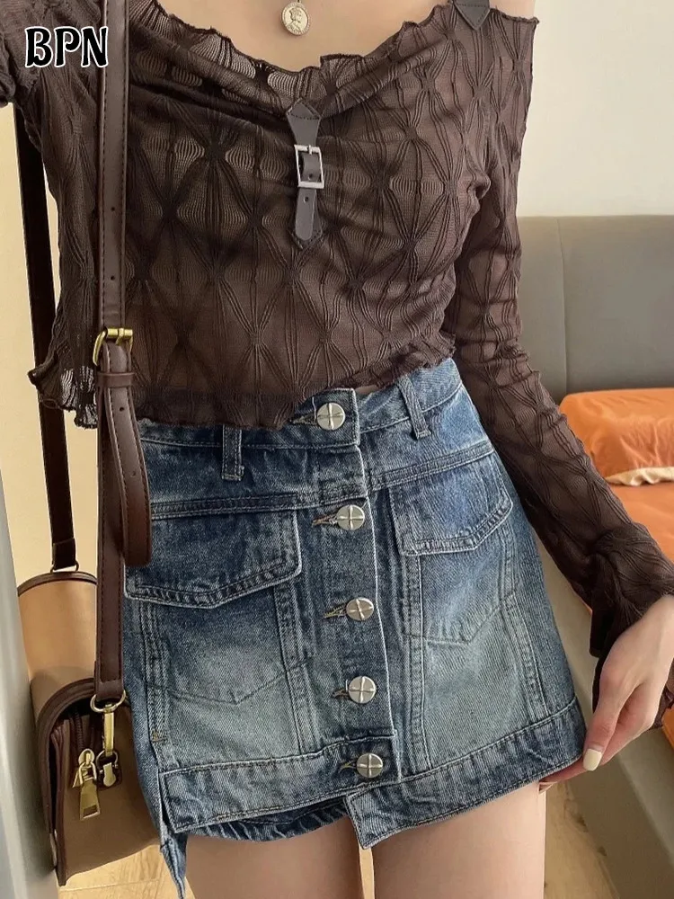 

BPN Vintage Denim Skirts For Women High Waist Solid Slimming Casual Spliced Single Breasted Mini Skirt Female Fashion New Style