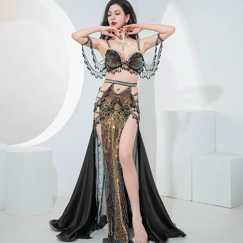 

Oriental Dance Costumes Belly Dancing Performance Set Women's Customized Senior AB Stones Bra+Sexy Split Fringe Long Skirt 2pcs