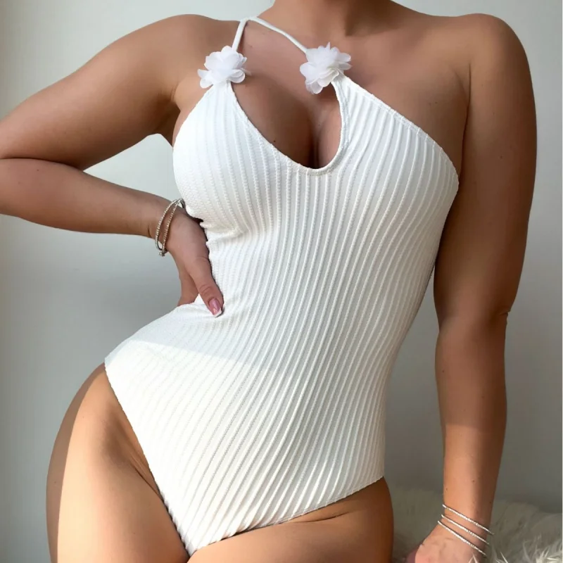 

New solid color one-piece swimsuit made of special fabric with small floral patternbikini