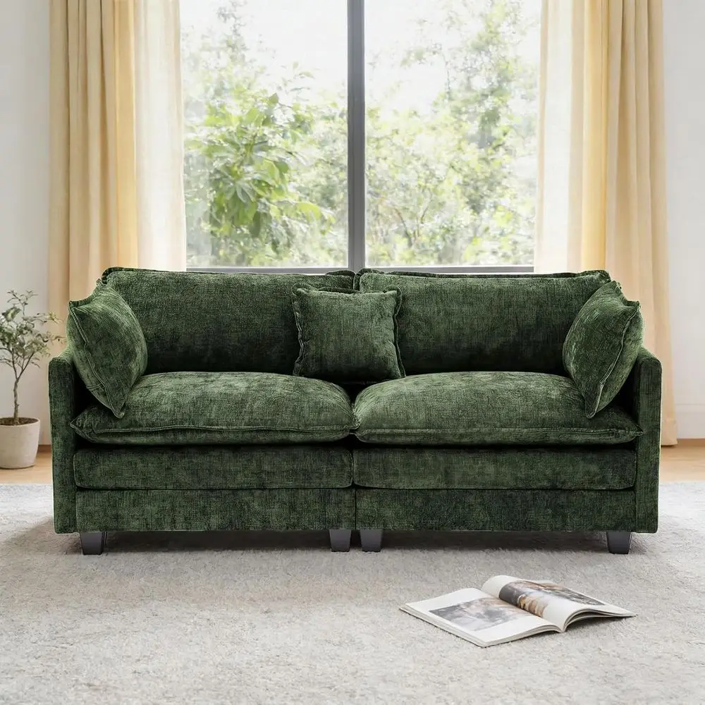 

78 Green 2-Seater Chenille Sofa with Spring Support and Double Foam Cushions, Removable Covers, Easy Assembly