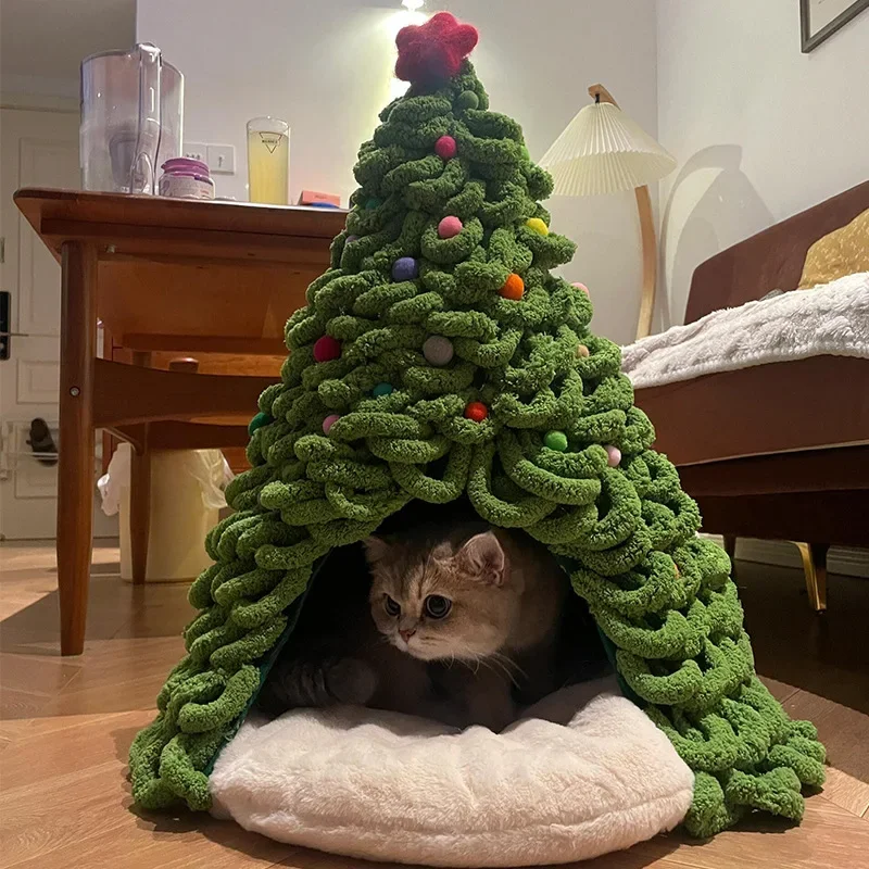 Christmas Tree Weaving Cat Nest Handmade DIY Material Package Winter Warm Closed Safety Small Kitten Bed