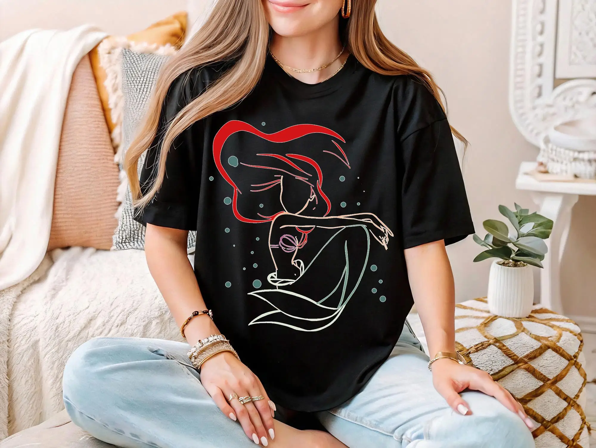 

2026 Summer Disney Ariel Princess-themed 100% Pure Cotton Printed Short-sleeved T-shirt for Boys and Girls, Parent-child Top