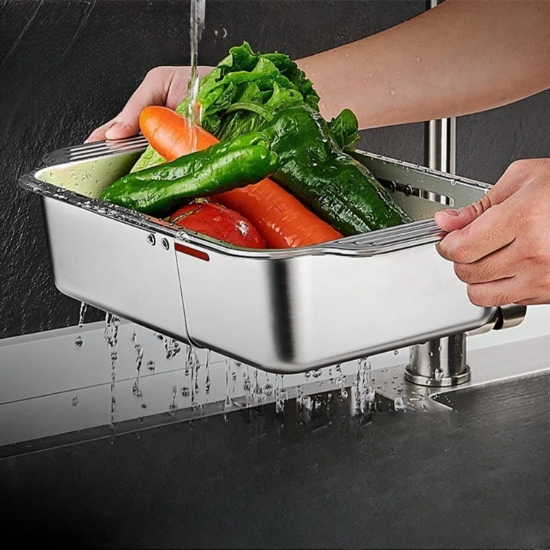 Cesta de drenaje para el hogar, fregadero retráctil italiano de acero inoxidable 304, lavabo para frutas y verduras