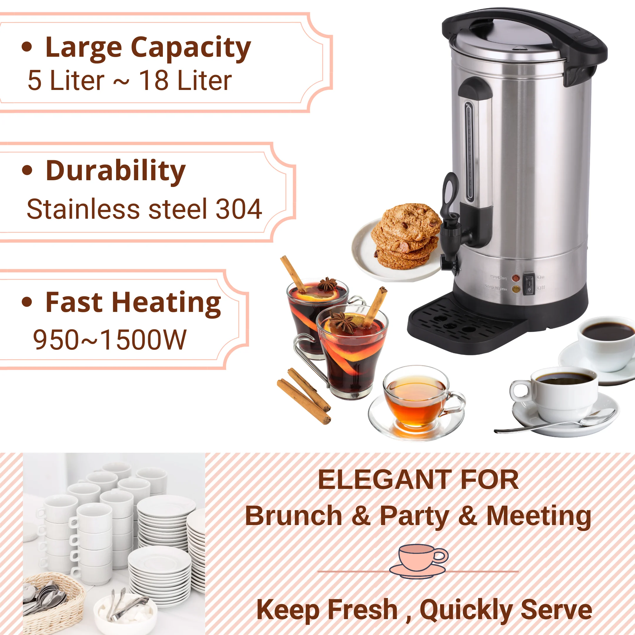 

Hot sales Heavybao Commercial Stainless Steel Coffee Percolator Hotel Electrical Coffee Maker Urn Water Boiler Coffee Urn