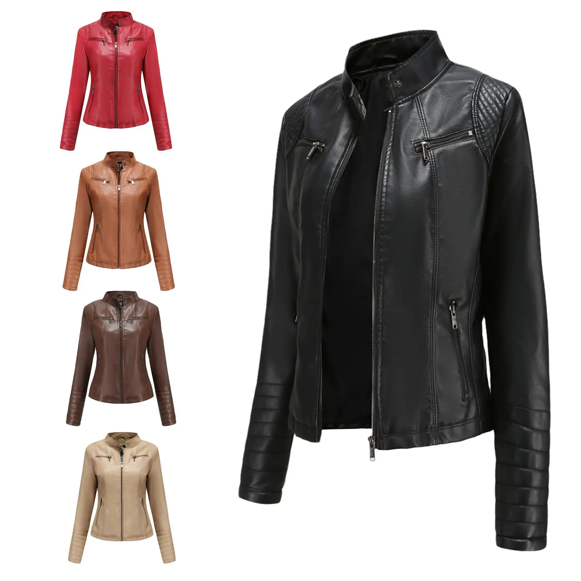 Chaqueta de cuero de moto para mujer, cremallera corta, cuello de pie, top de cuero para exteriores con cremallera de alta calidad