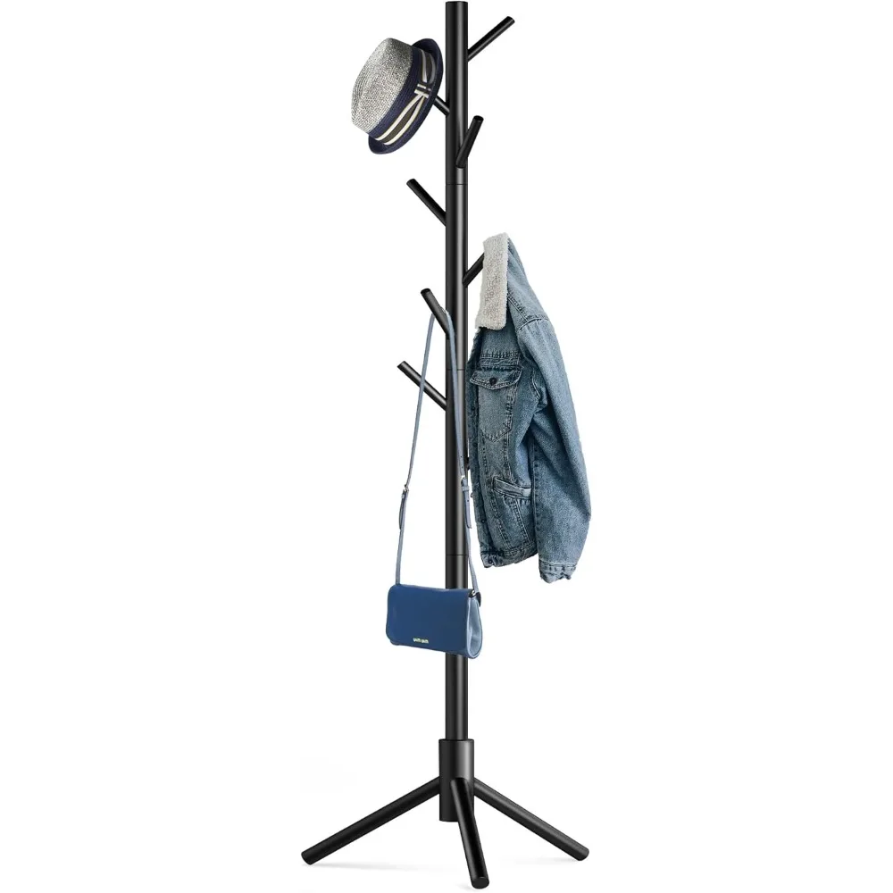 

Wooden Tree Coat Rack Stand,Sturdy Freestanding Coat Rack with 8 Hooks,3 Adjustable Height for Child Adult,Wood Coat Stand Tree