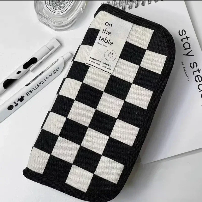 Simple Checkerboard Lattice Pencil Bag Large Capacity Pencil Case Stationery Student Canvas Estuche Multifuncional Lapices