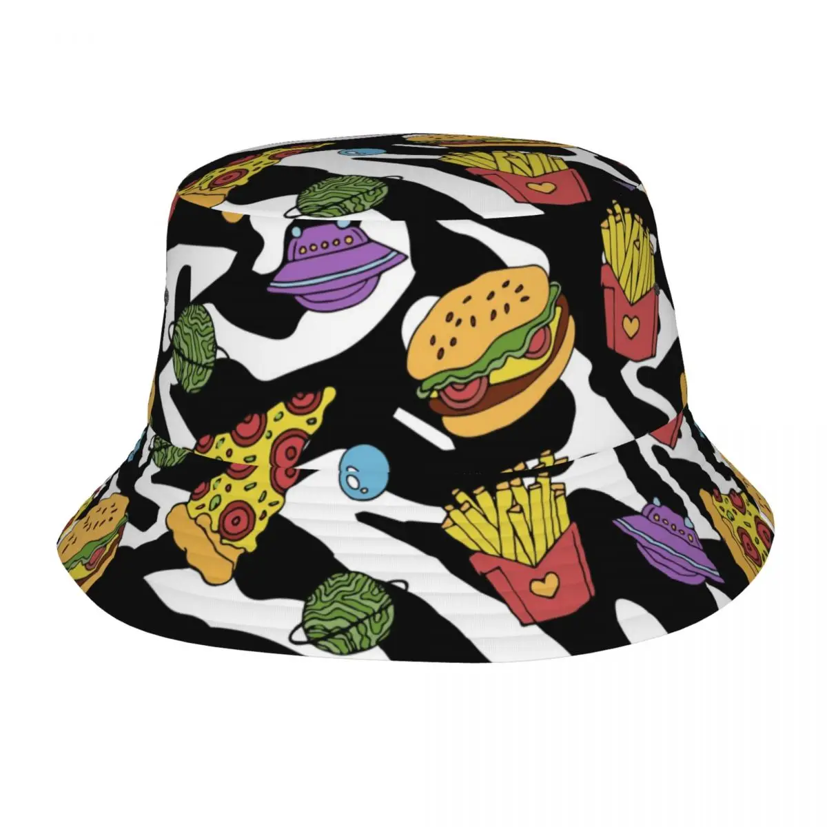 Bucket Hat Bob Cap Hip Hop Gorros Cute Pizza Hamburger And French Fries On 80s 90s Zebra Print Panama Cap Beach Sun Fishing Hat