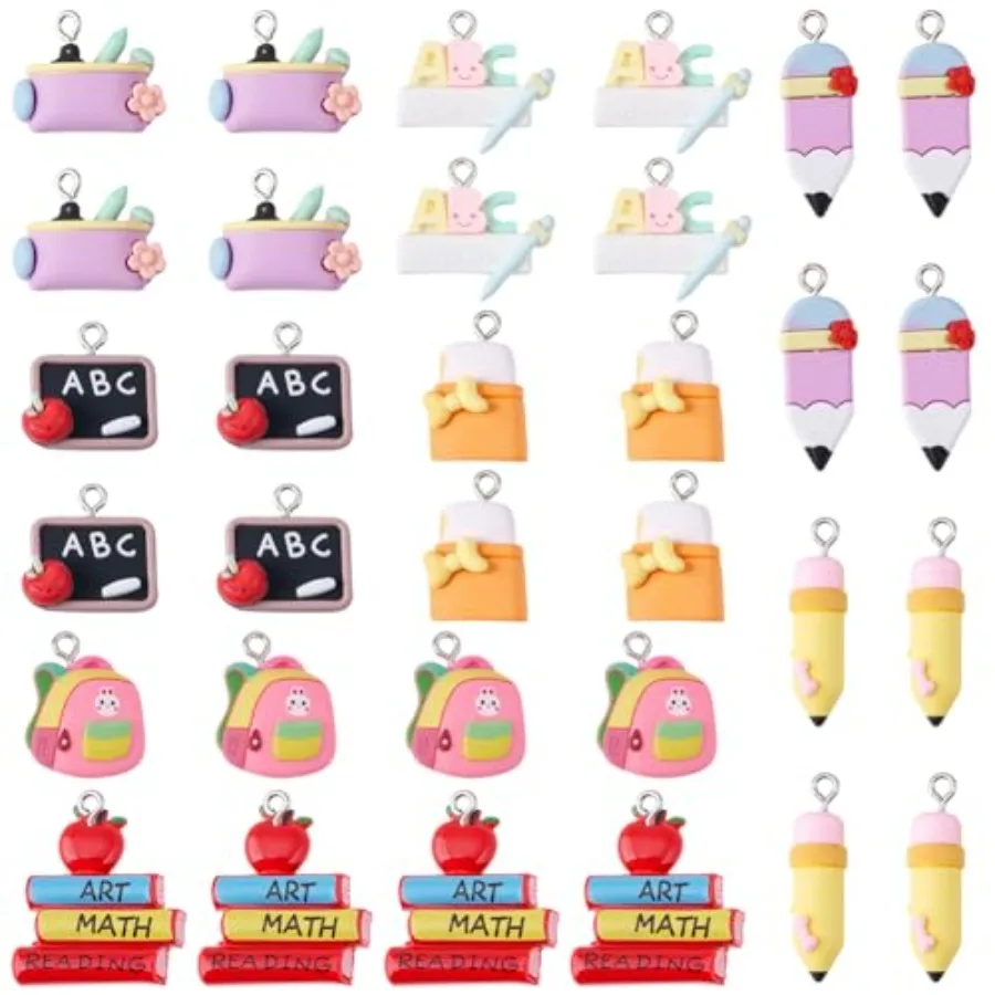 

32Pcs 8 Styles Back to School Resin Charms Book Pencil Ruler Eraser Blackboard Pendants Student Teacher's Day Gifts Charms for