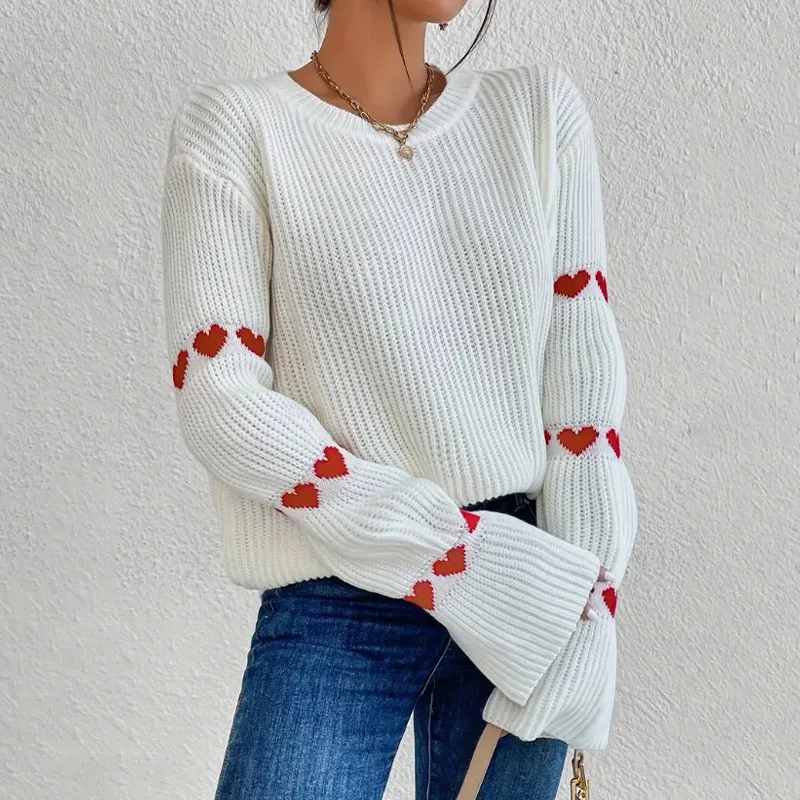 

Sweater Autumn and Winter Solid Color Loose Heart Jacquard Knitted Sweater Pullover Round Neck Flared Sleeve Top Female Clothing
