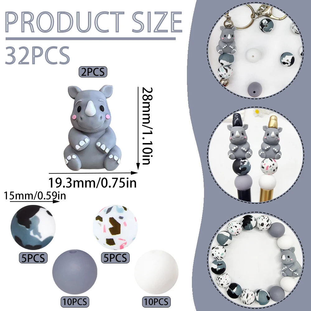 32-teiliges 3D-Nashorn-Serie Silikonperlen-Set für DIY-Halsketten, Armbänder, Stiftdekorationen, Schmuckanhänger usw. Feiertags-Geburtstagsgeschenk – Detail 12