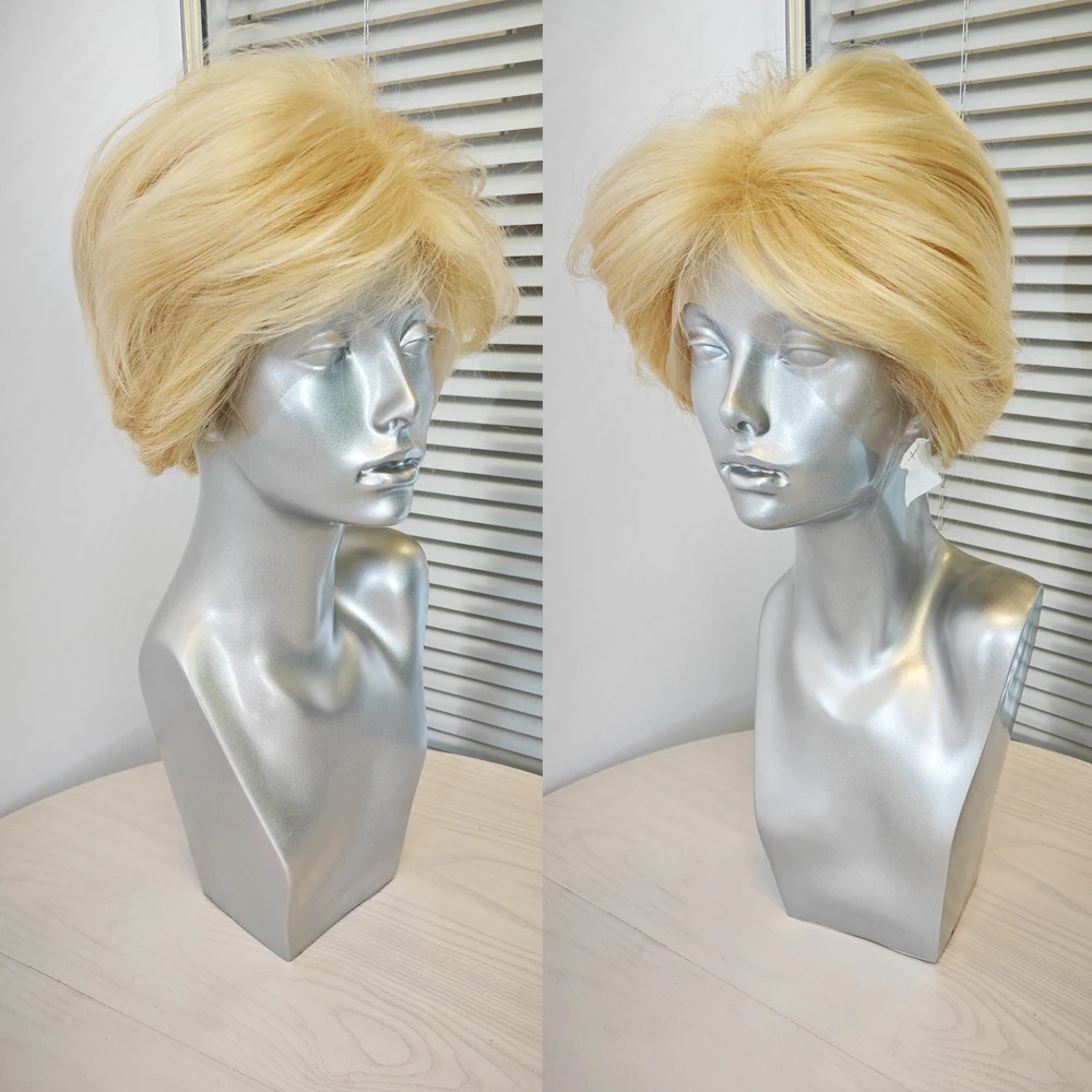 RONGDUOYI Blonde Hair Pixie Bob Lace Front Wigs Short Cut Natural Wave Synthetic Wig Ginger Orange Transparent Makeup Daily Use