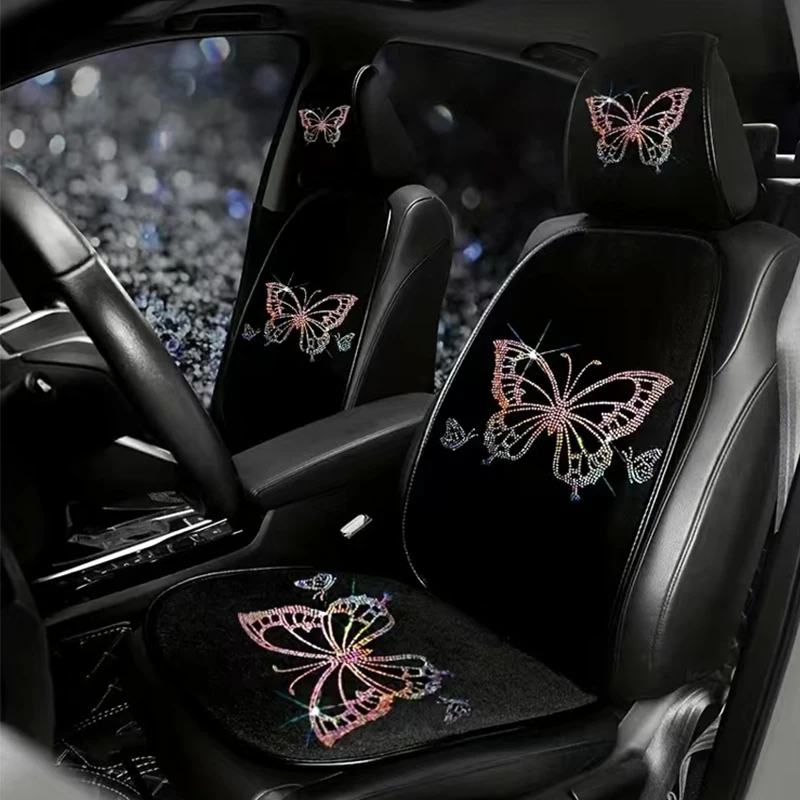 3PCS Artificial Butterfly Car Cushion, Women\'s Car Interior Set,Women\'s Plush Four Seasons Car Simple Seat Cushion