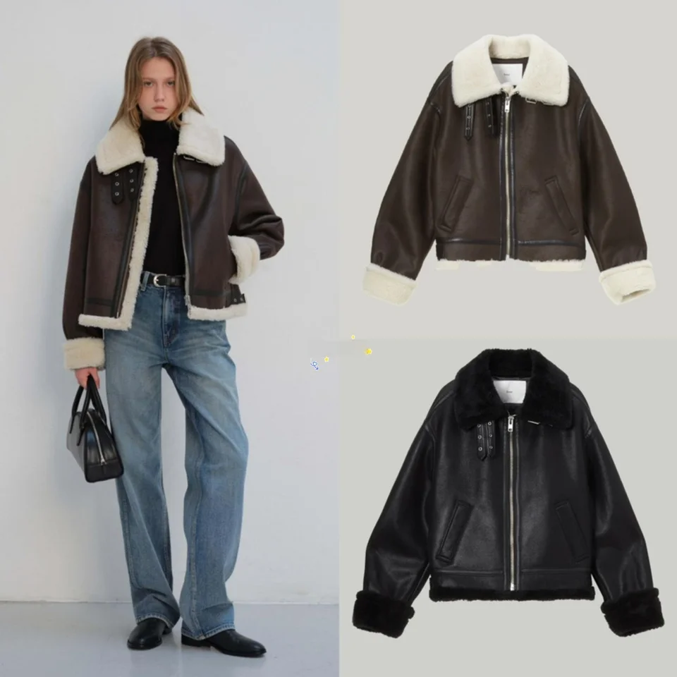 

Winter New Vintage Lapel Loose Fur Leather Jacket Biker Vest Outerwear Women's Fashion Commute Style Zipper Regular Sleeve