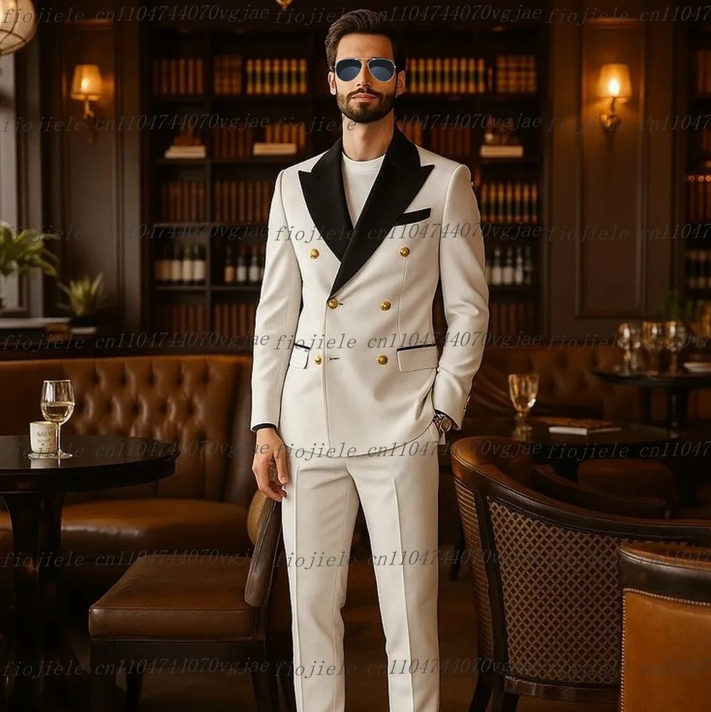 

New Black Collar And White Men Suit Formal Wedding Party Groom Groomsman Business Prom Male Tuxedos 2 Piece Set Jacket Pants