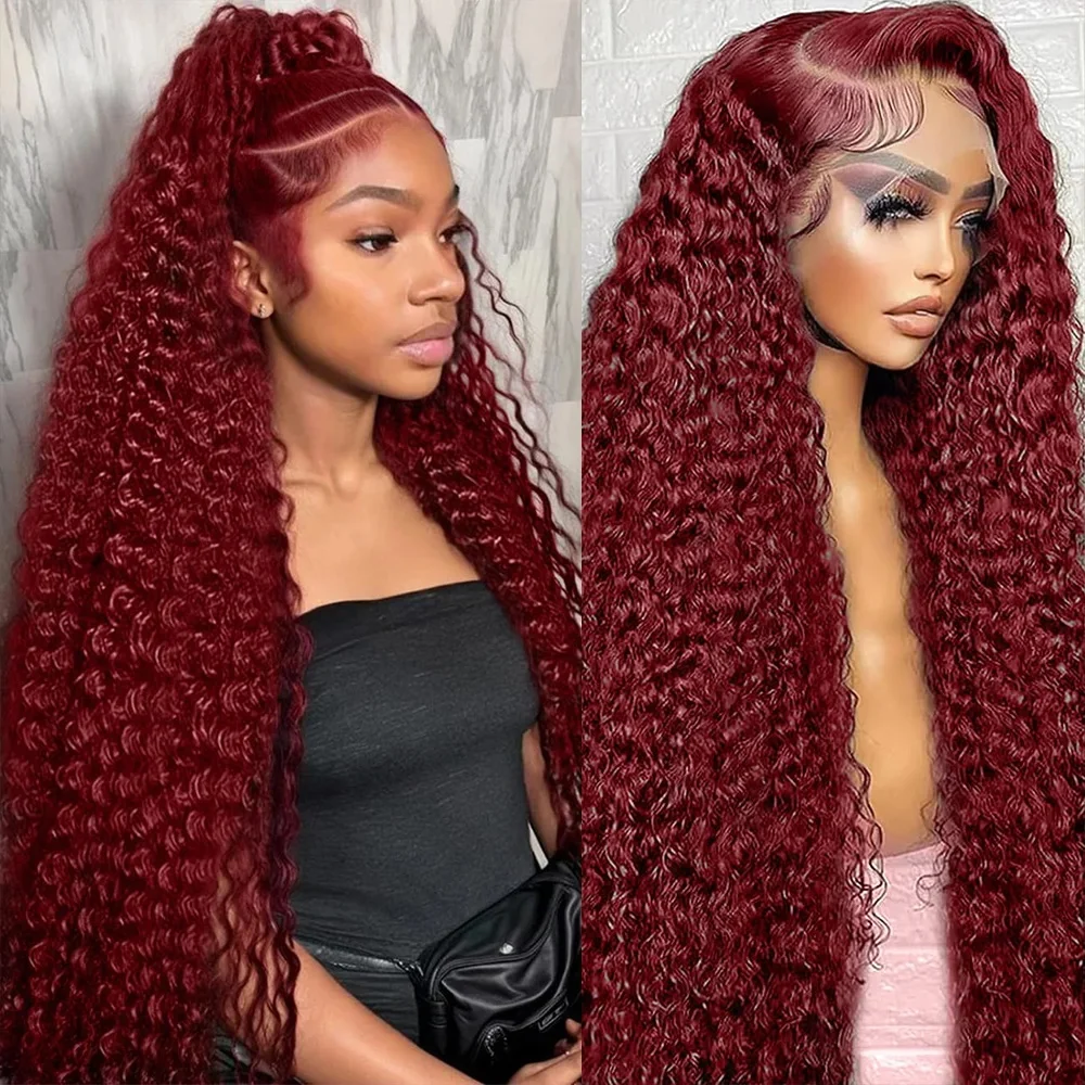 

PICKU Бордовые вьющиеся парики Глубокая волна Парик фронта шнурка 13x6 13x4 Парик фронтальной части шнурка с волной воды Человеческие волосы 99j Бразильские волосы