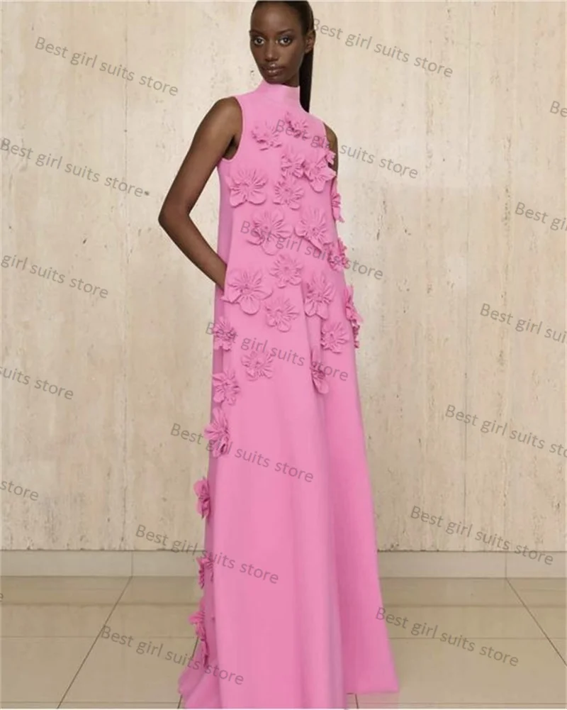 Summer Pink Women Prom Dress 1 Piece Formal 3D Flower Sleeveless Long Maxi Wedding Robes Tailored Size Party Gown Skirt