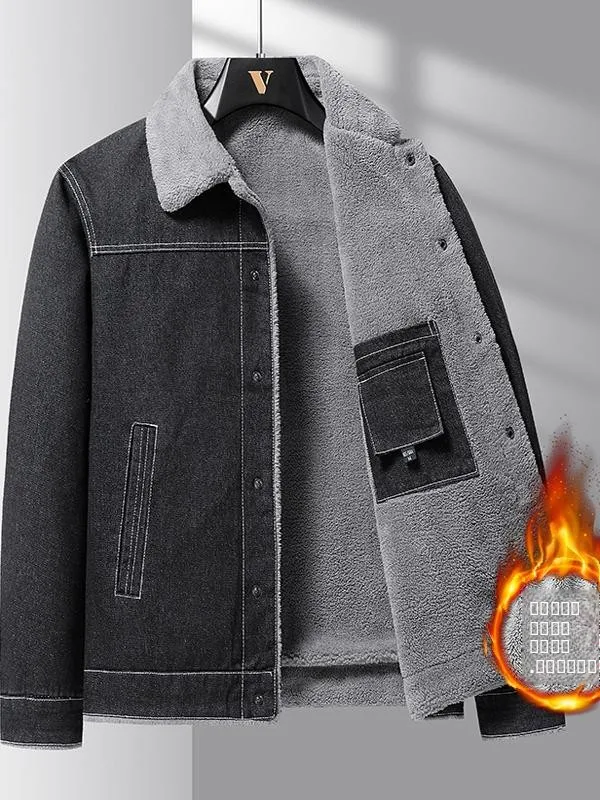 

Winter 2024 Men's Fce Lined Denim Jaet Loose Fit Thiened Casual Cotton Warmth Outerwear Faionable Versatile Coat
