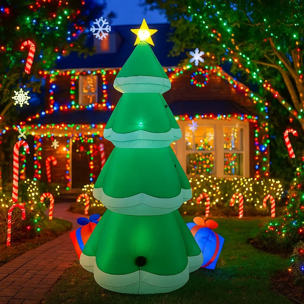 Cajas de regalo inflables para árbol de Navidad, 2,4 M/7,8 pies, luces LED para exteriores, decoraciones para el hogar, juguetes, patio, decoración de iluminación para fiestas navideñas