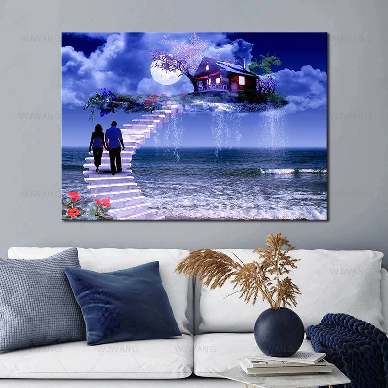 

House In The Sky Landscape Creative Posters Prints Romantic Art Wall Picture Canvas Painting for Living Room Home Decor Cuadros