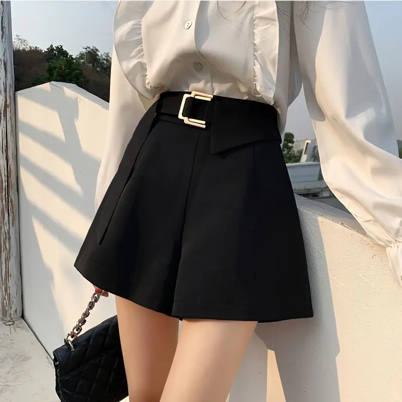 

Chic Button Suit Shorts for Women Summer Sashes Wide-leg High Waist A-line Short Pants Office Lady Solid Pocket Straight Shorts