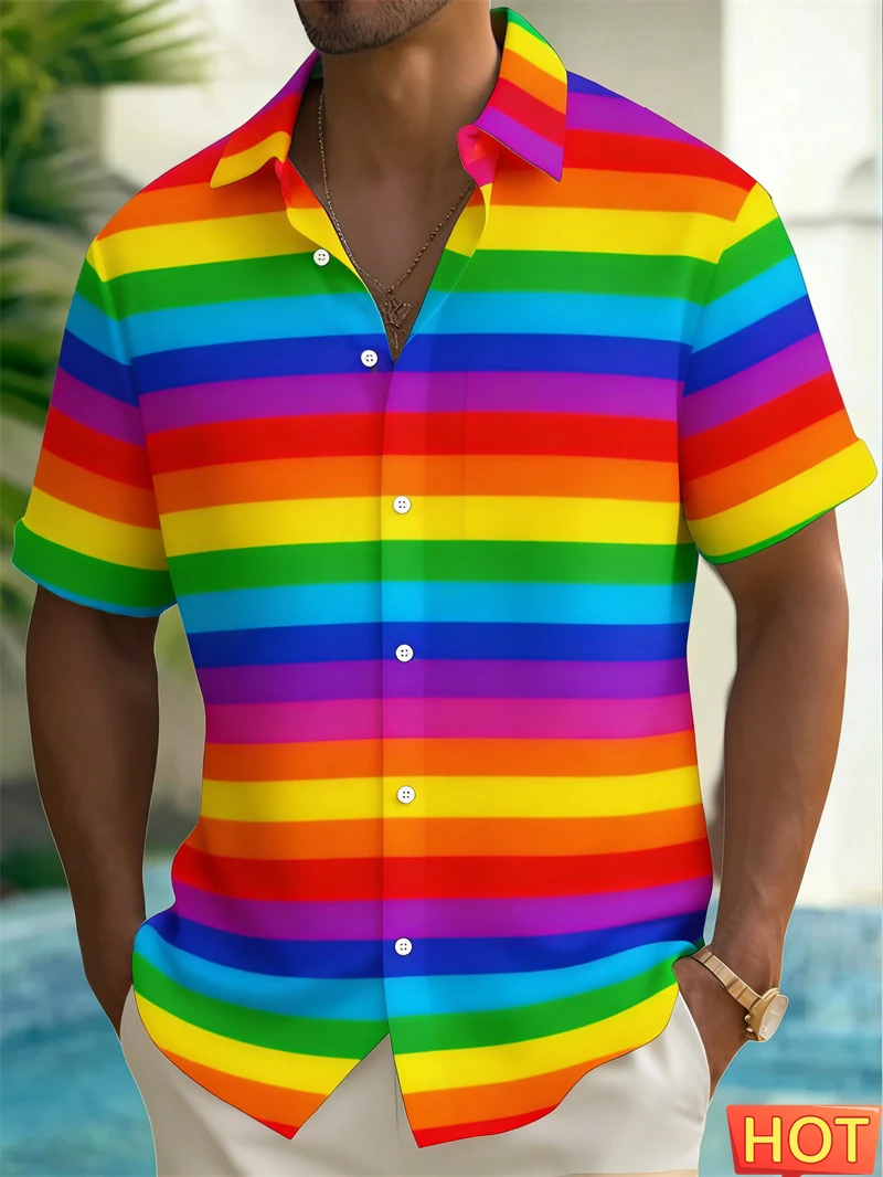 

Rainbow Graphic Men's Hawaiian Shirt 3D Print Casual Short Sleeve Button Down Summer New Men Women Harajuku Colorful Shirt Tops