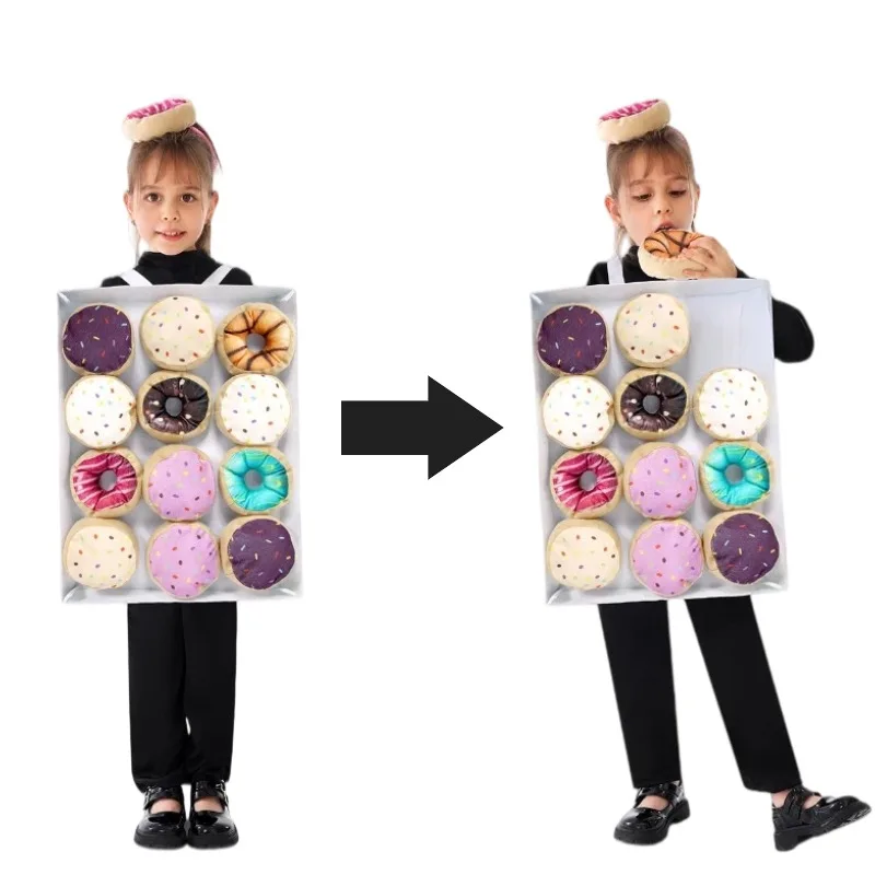 

Boys Girls Cute Food Cosplay Costume Removable Donuts Clothing Black/White Jumpsuit Set for Halloween Stage Performance Dress Up