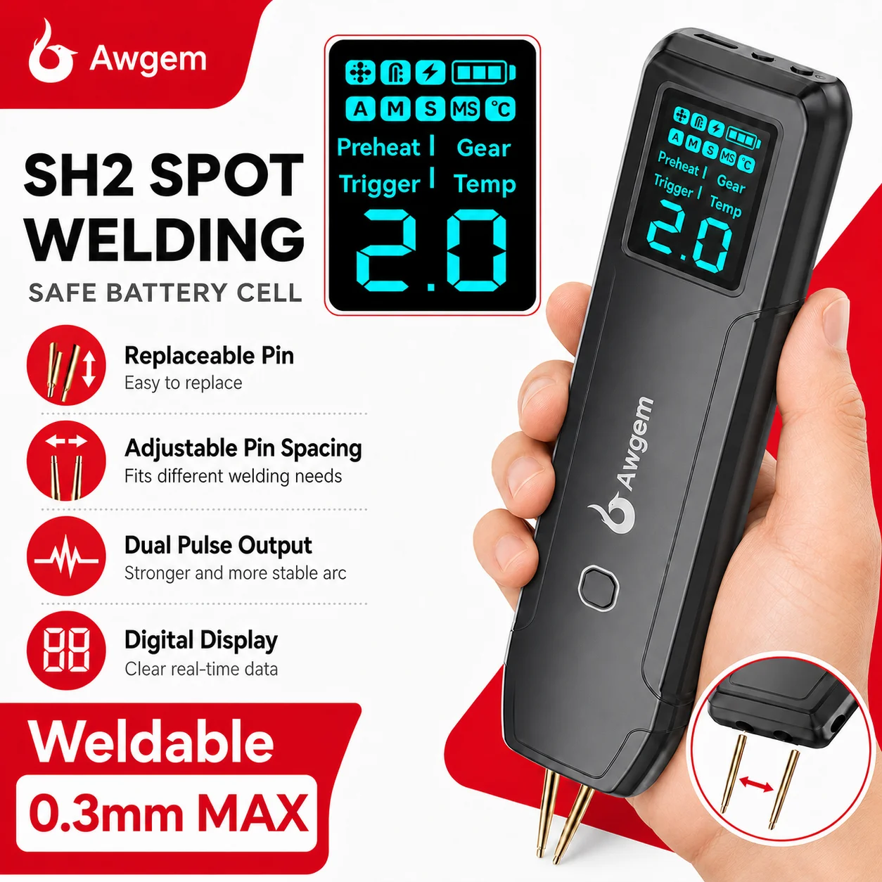 Awgem portátil soldador de ponto diy handheld máquina de solda a ponto 90 engrenagens ajustável soldagem a ponto para 18650 bateria lítio