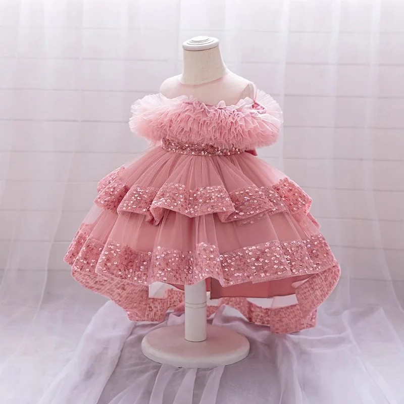 young girl's pink floral dress is perfect for summer vacations fashionable children's dresses sequins high-end design